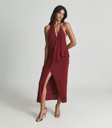 Reiss Xena Strappy Open Back Cocktail Dress Dark Red
