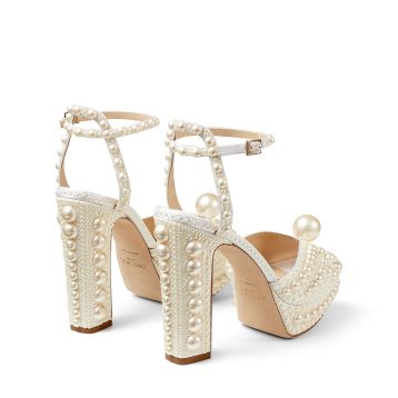 Jimmy Choo SACARIA/PF 120 White Satin Platform Sandals with All-Over Pearl Embellishment