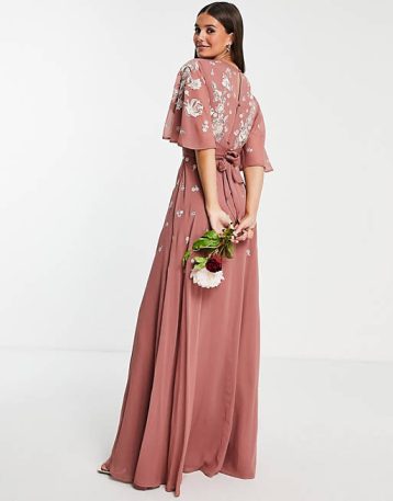 ASOS DESIGN Bridesmaid flutter sleeve wrap maxi dress floral embroidery Pink White