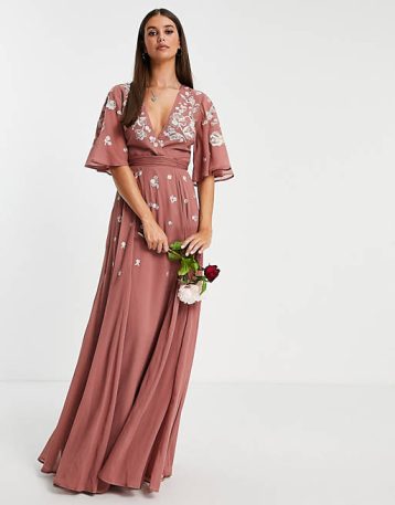 ASOS DESIGN Bridesmaid flutter sleeve wrap maxi dress floral embroidery Pink White