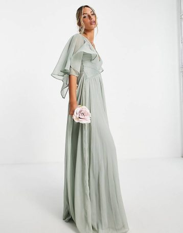 ASOS DESIGN Bridesmaid ruched drape maxi dress wrap and flutter cape sleeve forest green
