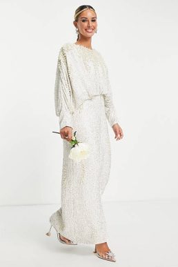 ASOS EDITION embellished pearl batwing sleeve maxi bridal dress Ivory
