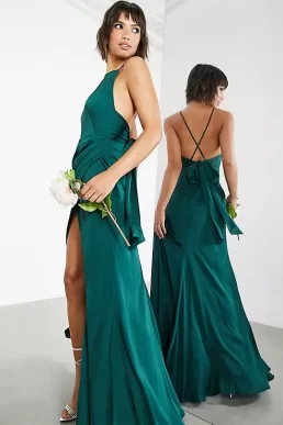 ASOS EDITION satin square neck maxi dress with side split in forest green