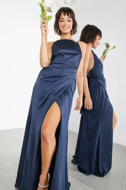 ASOS EDITION satin square neck maxi dress with side split in petrol navy blue