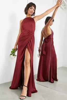 ASOS EDITION satin square neck maxi dress with side split in wine