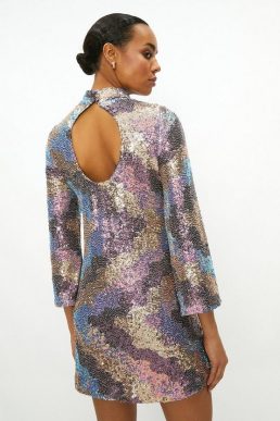 Coast 70s Sequin High Neck Shift Dress Pink Multi