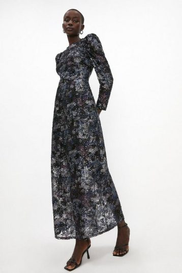 Coast Long Sleeve Sequin Maxi Dress Black Silver