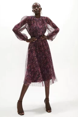 Coast Mesh Printed Dress With Pleated Skirt Deep Purple Red Black