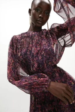 Coast Mesh Printed Dress With Pleated Skirt Deep Purple Red Black