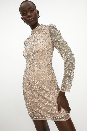 Coast Premium High Neck Embellished Mini Dress Silver Nude myonewedding