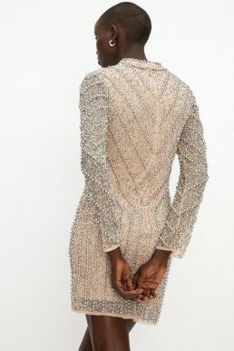 Coast Premium High Neck Embellished Mini Dress Silver Nude
