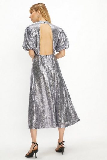 Coast Sequin Puff Sleeve Open Back Midi Dress Silver