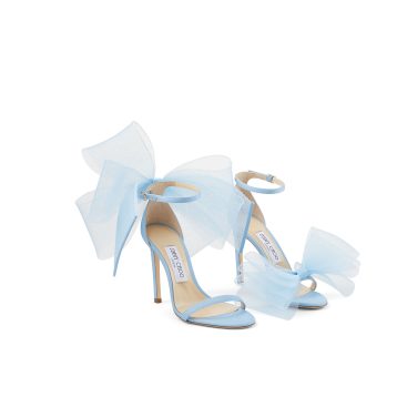 Jimmy Choo AVELINE 100 Blue Sandals with Asymmetric Grosgrain Mesh Fascinator Bows