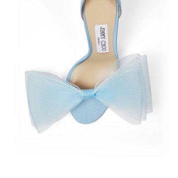 Jimmy Choo AVELINE 100 Blue Sandals with Asymmetric Grosgrain Mesh Fascinator Bows