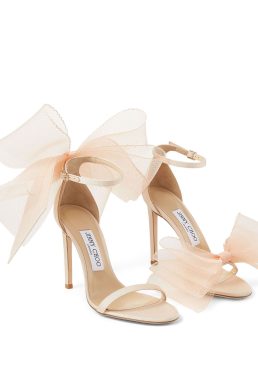 Jimmy Choo AVELINE 100 Peach Sandals with Asymmetric Grosgrain Mesh Fascinator Bows