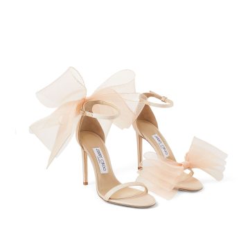 Jimmy Choo AVELINE 100 Peach Sandals with Asymmetric Grosgrain Mesh Fascinator Bows