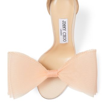 Jimmy Choo AVELINE 100 Peach Sandals with Asymmetric Grosgrain Mesh Fascinator Bows