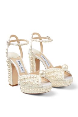 Jimmy Choo SACARIA/PF 120 White Satin Platform Sandals with All-Over Pearl Embellishment
