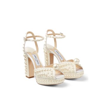 Jimmy Choo SACARIA/PF 120 White Satin Platform Sandals with All-Over Pearl Embellishment