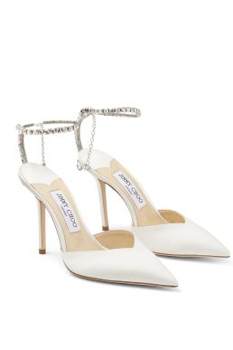 Jimmy Choo SAEDA 100 Ivory Satin Pumps with Crystal Embellishment