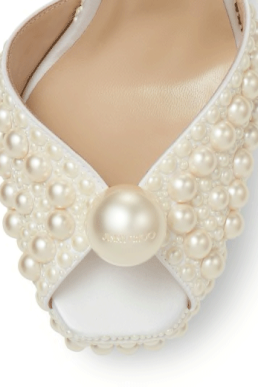 SACARIA/PF 120 White Satin Platform Sandals with All-Over Pearl Embellishment