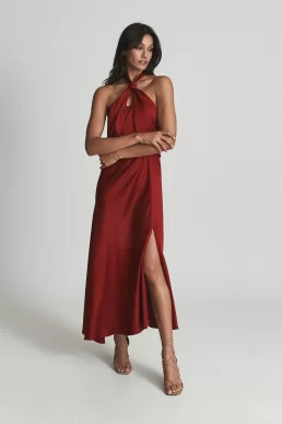 Reiss Lorena Halterneck Satin Midi Dress dark red
