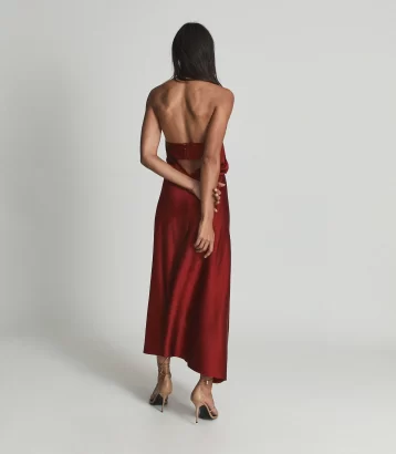 Reiss Lorena Halterneck Satin Midi Dress dark red