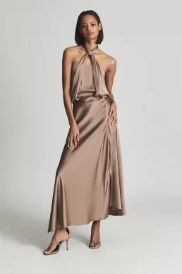 Reiss Lorena Halterneck Satin Midi Dress mink gold