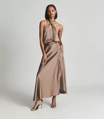 Reiss Lorena Halterneck Satin Midi Dress mink gold