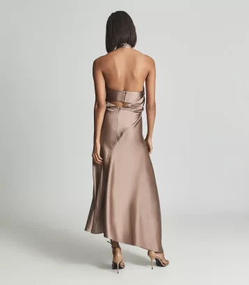 Reiss Lorena Halterneck Satin Midi Dress mink gold