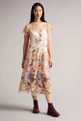 Ted Baker DAVIANA Embroidered floral mesh dress Nude Multi