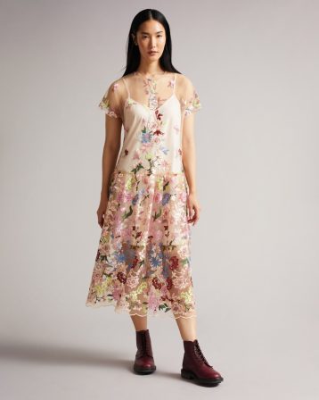 Ted Baker DAVIANA Embroidered floral mesh dress Nude Multi