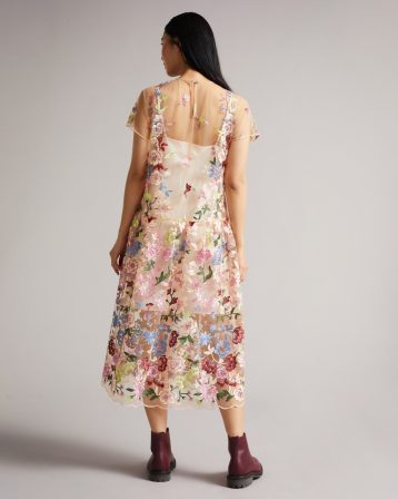 Ted Baker DAVIANA Embroidered floral mesh dress Nude Multi