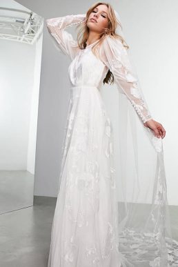 ASOS EDITION Eliza floral embroidered long sleeve wedding dress with full skirt Ivory