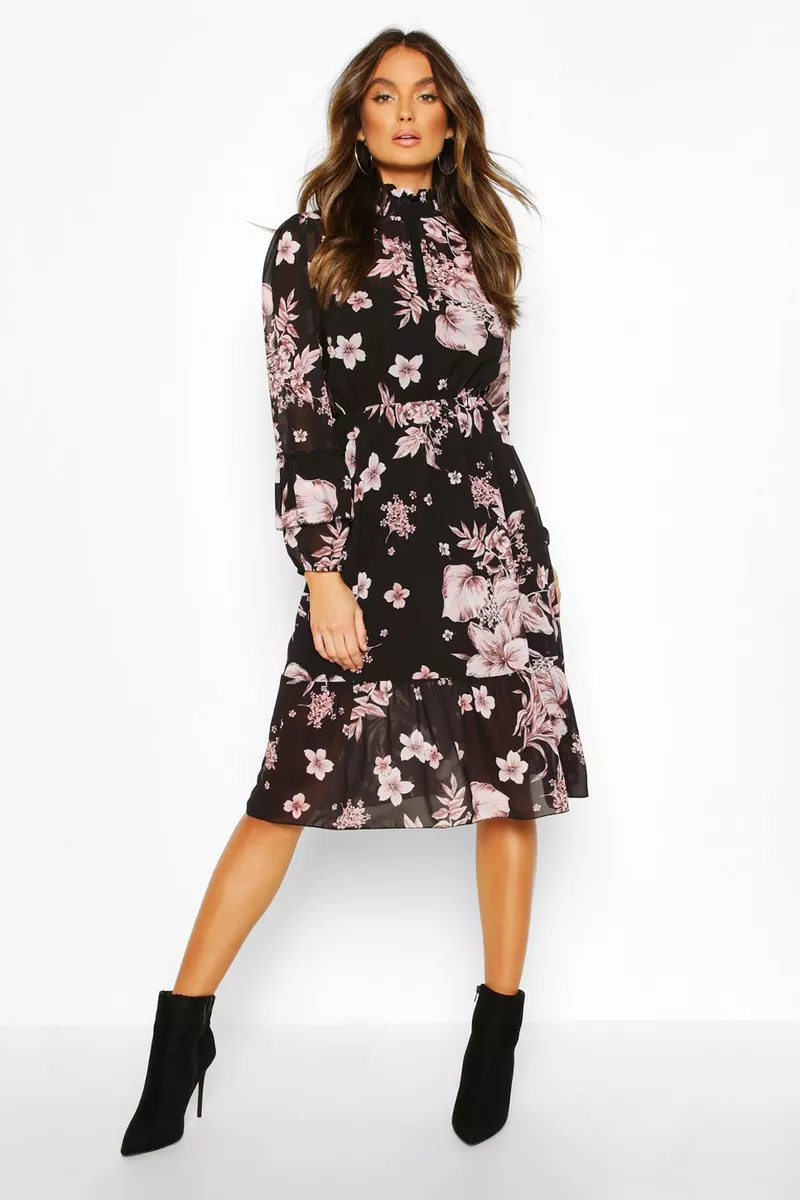 boohoo black Floral Print Ruffle Neck Midi Dress boohoo Floral Print Ruffle Neck Midi Dress £28.00(Save 20%)£35.00