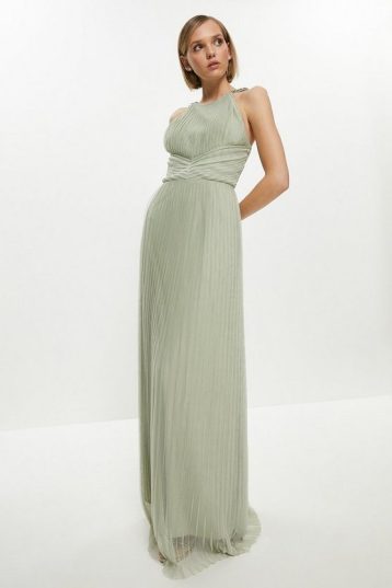 Coast Petite All Over Pleated Bridesmaid Maxi Dress Sage Green