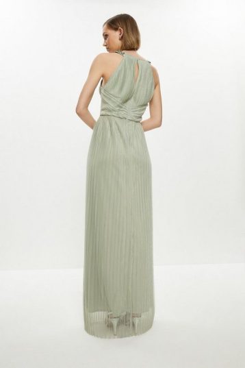 Coast Petite All Over Pleated Bridesmaid Maxi Dress Sage Green