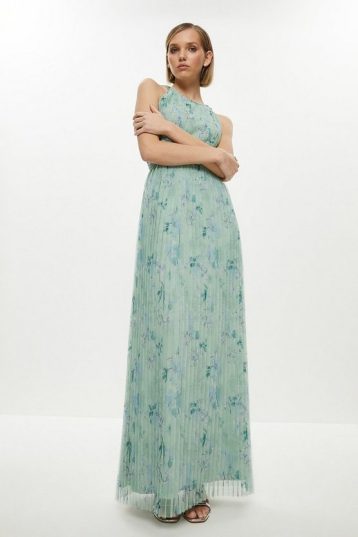 Coast Petite All Over Pleated Floral Maxi Dress Green Multi