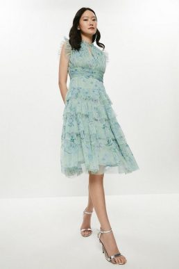 Coast Printed Tulle Tiered Frill Sleeve Dress Green Multi