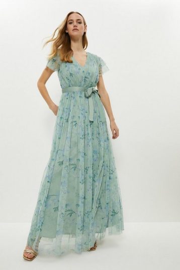 Coast Printed Tulle V-neck Tie Belt Maxi Bridesmaid Dress, Green/Multi - Image 2