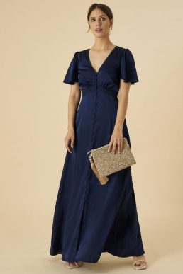 Monsoon Ivy satin lace maxi bridesmaid dress navy blue
