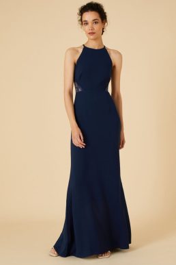 Monsoon Kiki lace back crepe maxi bridesmaid dress navy blue