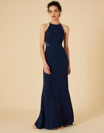 Monsoon Kiki lace back crepe maxi bridesmaid dress navy blue