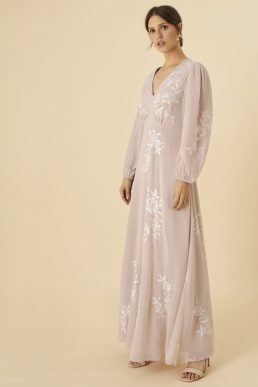 Monsoon Sammie embroidered maxi dress in recycled polyester nude