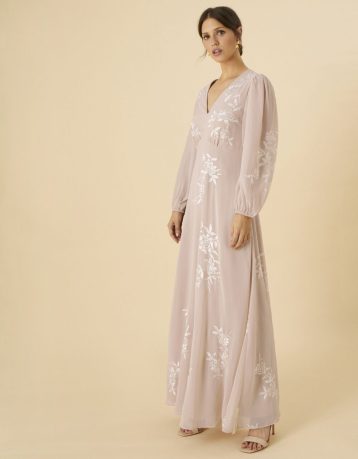 Monsoon Sammie embroidered maxi dress in recycled polyester nude