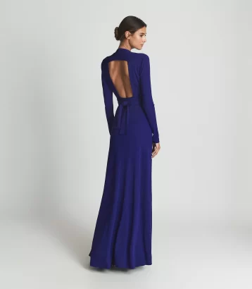 Reiss Bailey plunge neck maxi dress jersey Cobalt Blue