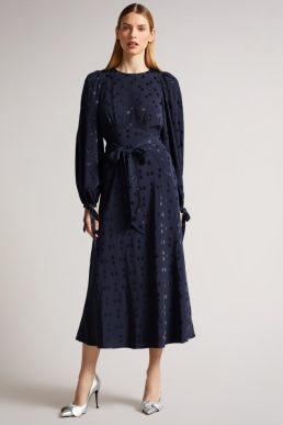 Ted Baker LIVELA Spot Jacquard Midaxi Dress Navy Blue