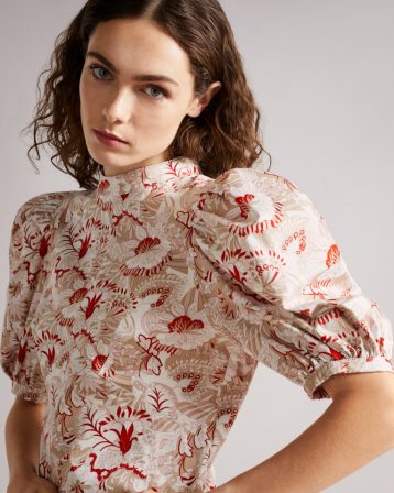Ted Baker NADDIA Retro Flood Printed Puff Sleeve Mini Dress, Red/Beige - Image 2