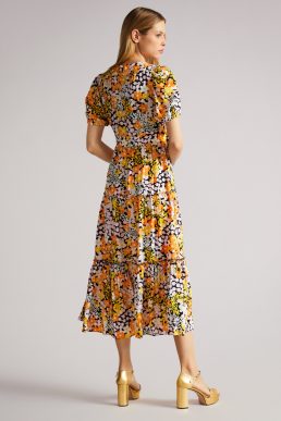 Ted Baker SAFIREE New World Printed Tiered Midi Dress Yellow White Multi