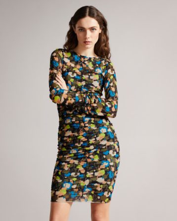 Ted Baker TTINNA Retro Flood Ruched Front Shift Dress Blue Green Multi